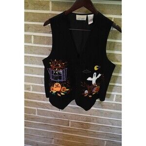 Vintage Halloween Vest Ghost Pumpkin Embroidered Black Corduroy Size M